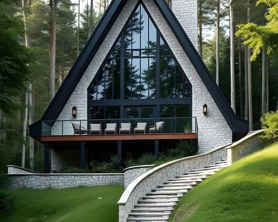 An A-frame building with a tall glazed gable and a terrace, set among conifers