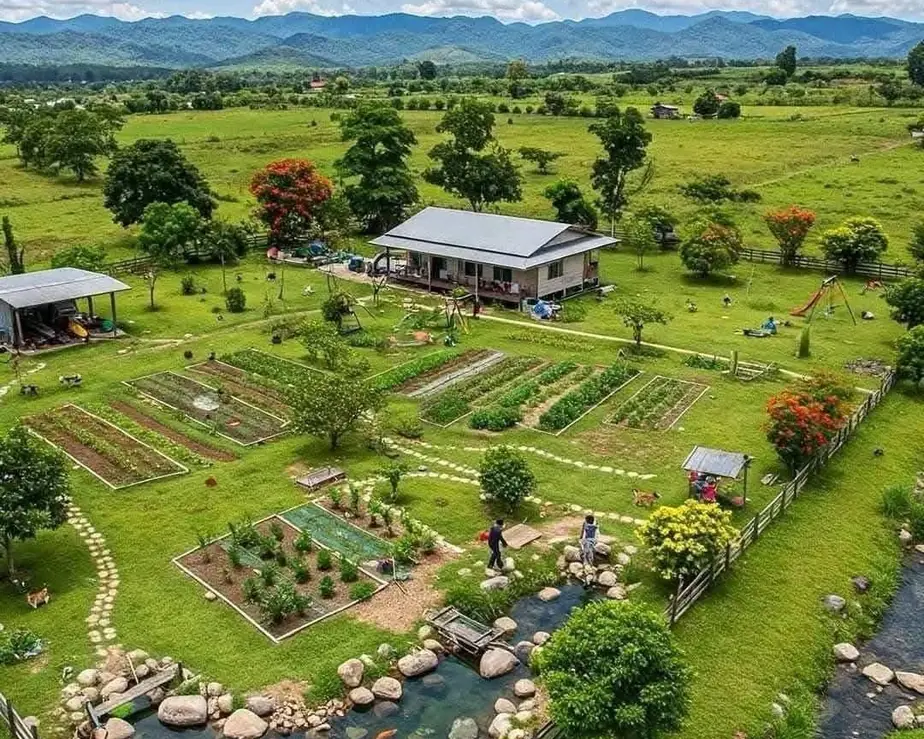 A smallholding seen from the air, with planted beds, a stream and a farmhouse