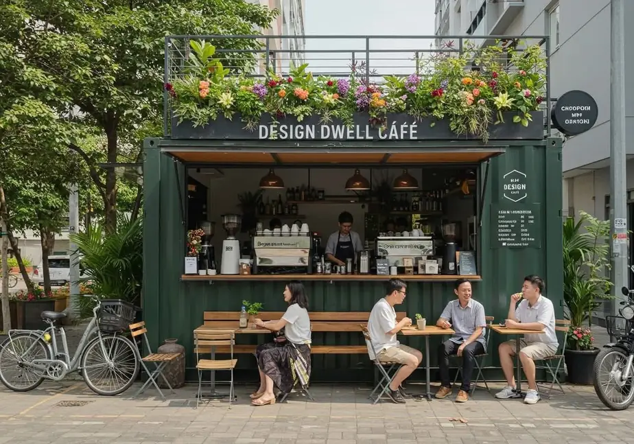 A small green cafe built into a shipping container, with flowers along its roof and people at outdoor tables