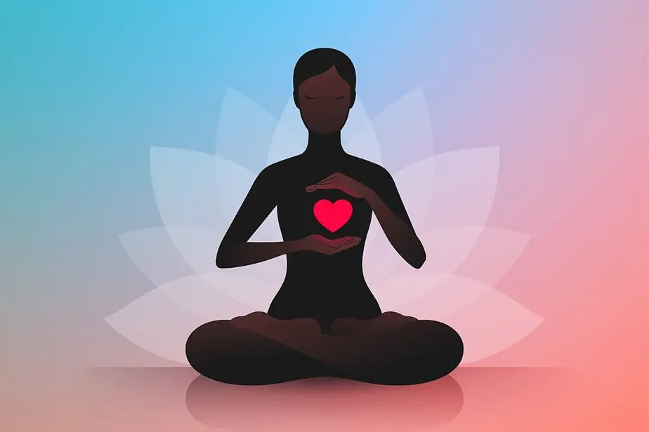 An illustration of a figure sitting cross-legged, hands cupped around a heart, against a lotus