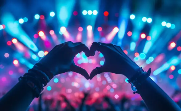 Two hands raised in a heart shape against the blue and pink lights of a concert stage