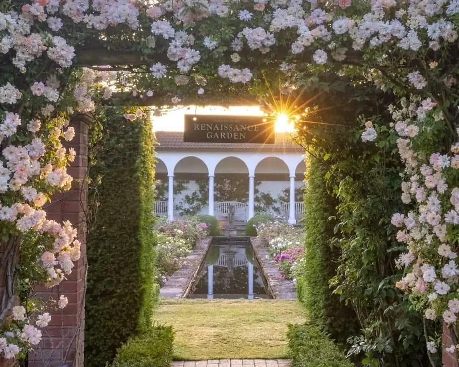 A rose-covered arbour framing a colonnade and a long reflecting pool at sunset